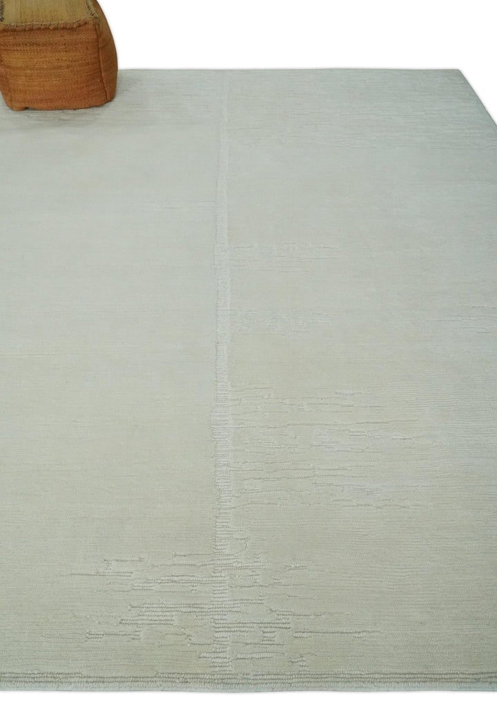 Modern Loop Cut Pile Solid plane Beige Hand Knotted 8x10 Wool Area Rug - The Rug Decor