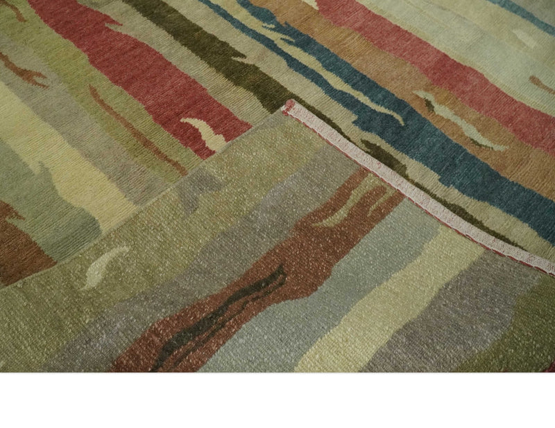 Modern Olive, Teal, Beige and Brown 5x8 Stripes pattern Hand Knotted Wool Area Rug - The Rug Decor