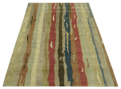 Modern Olive, Teal, Beige and Brown 5x8 Stripes pattern Hand Knotted Wool Area Rug - The Rug Decor