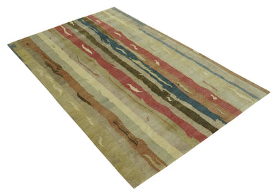 Modern Olive, Teal, Beige and Brown 5x8 Stripes pattern Hand Knotted Wool Area Rug - The Rug Decor