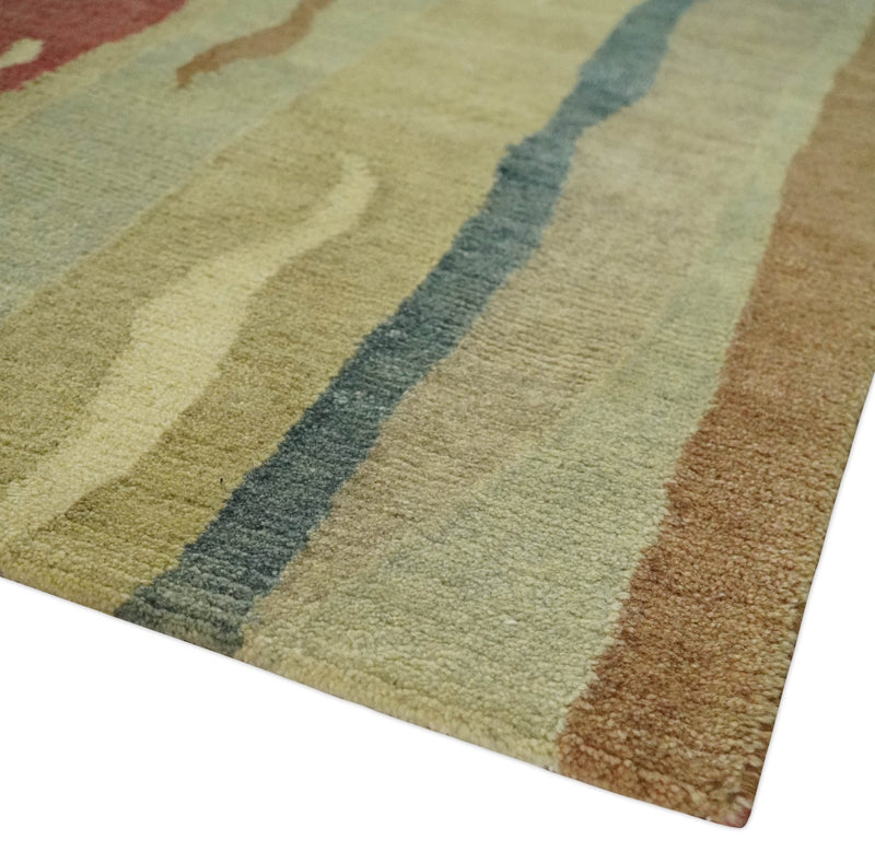 Modern Olive, Teal, Beige and Brown 5x8 Stripes pattern Hand Knotted Wool Area Rug - The Rug Decor