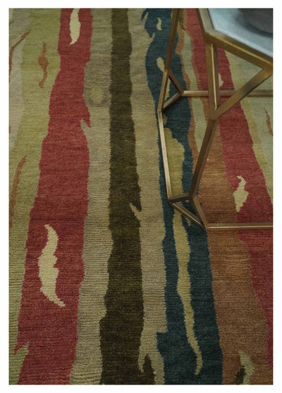 Modern Olive, Teal, Beige and Brown 5x8 Stripes pattern Hand Knotted Wool Area Rug - The Rug Decor