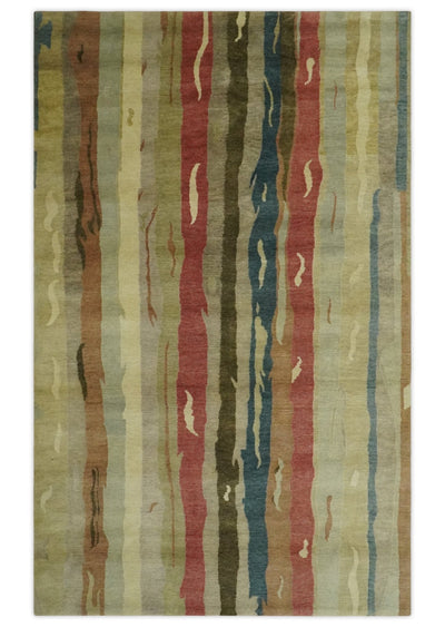 Modern Olive, Teal, Beige and Brown 5x8 Stripes pattern Hand Knotted Wool Area Rug - The Rug Decor