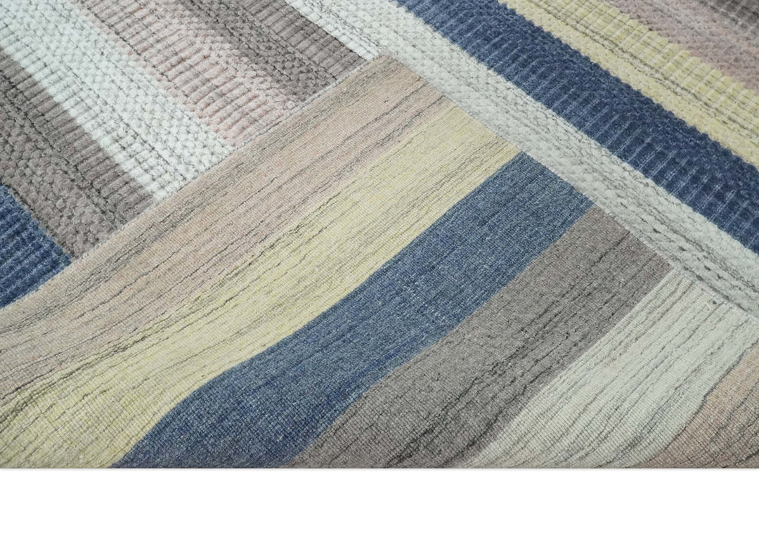 Modern Ombre 8x10 Hand Made Blue, Peach, Brown and Mustard Scandinavian Blended Wool Flatwoven Area Rug | KE39 - The Rug Decor