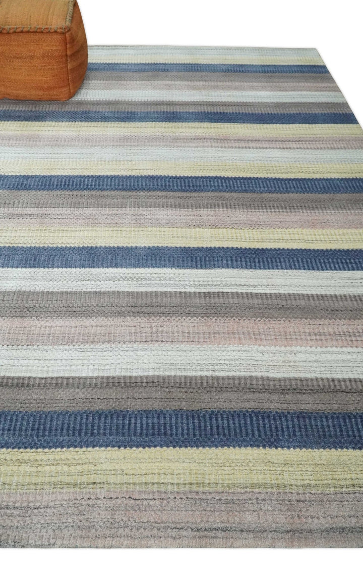 Modern Ombre 8x10 Hand Made Blue, Peach, Brown and Mustard Scandinavian Blended Wool Flatwoven Area Rug | KE39 - The Rug Decor