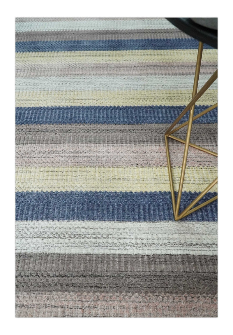 Modern Ombre 8x10 Hand Made Blue, Peach, Brown and Mustard Scandinavian Blended Wool Flatwoven Area Rug | KE39 - The Rug Decor
