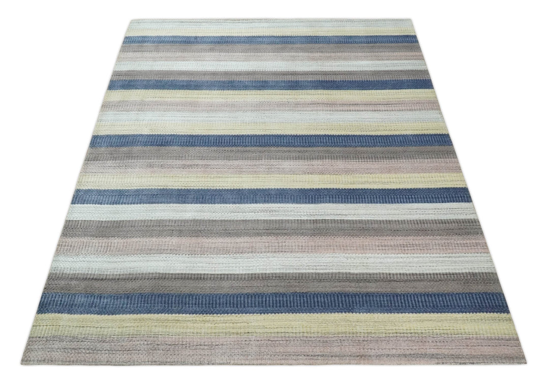 Modern Ombre 8x10 Hand Made Blue, Peach, Brown and Mustard Scandinavian Blended Wool Flatwoven Area Rug | KE39 - The Rug Decor