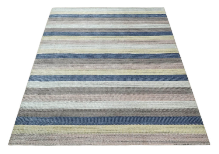 Modern Ombre 8x10 Hand Made Blue, Peach, Brown and Mustard Scandinavian Blended Wool Flatwoven Area Rug | KE39 - The Rug Decor