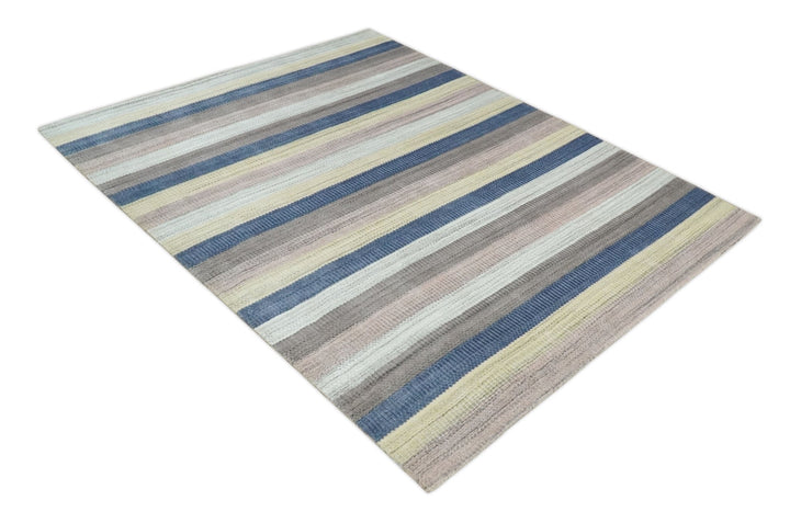 Modern Ombre 8x10 Hand Made Blue, Peach, Brown and Mustard Scandinavian Blended Wool Flatwoven Area Rug | KE39 - The Rug Decor