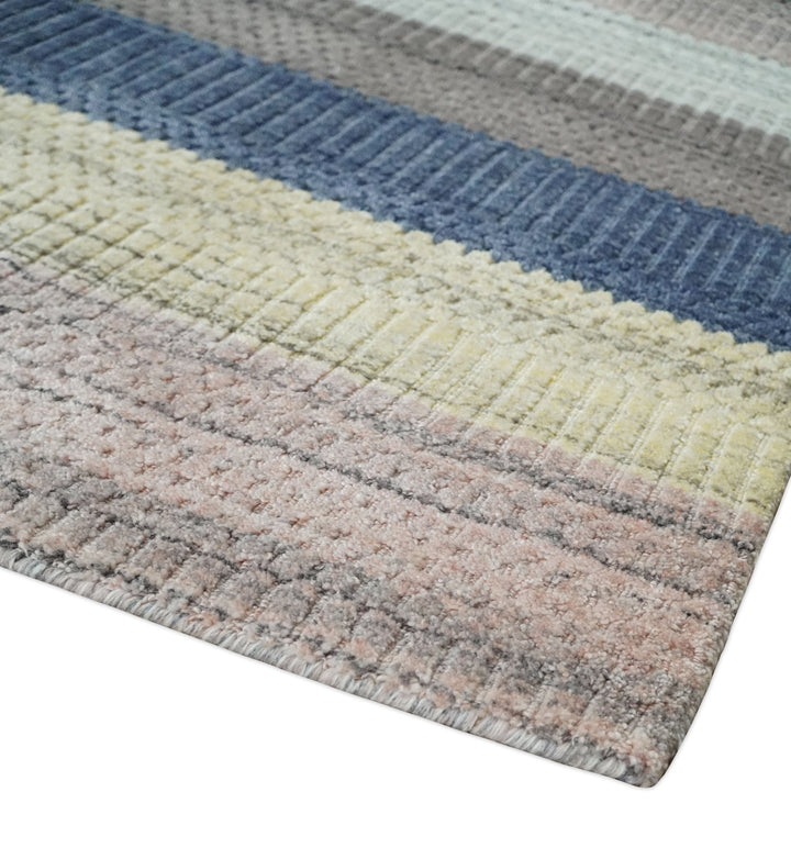 Modern Ombre 8x10 Hand Made Blue, Peach, Brown and Mustard Scandinavian Blended Wool Flatwoven Area Rug | KE39 - The Rug Decor