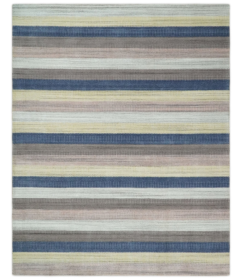Modern Ombre 8x10 Hand Made Blue, Peach, Brown and Mustard Scandinavian Blended Wool Flatwoven Area Rug | KE39 - The Rug Decor