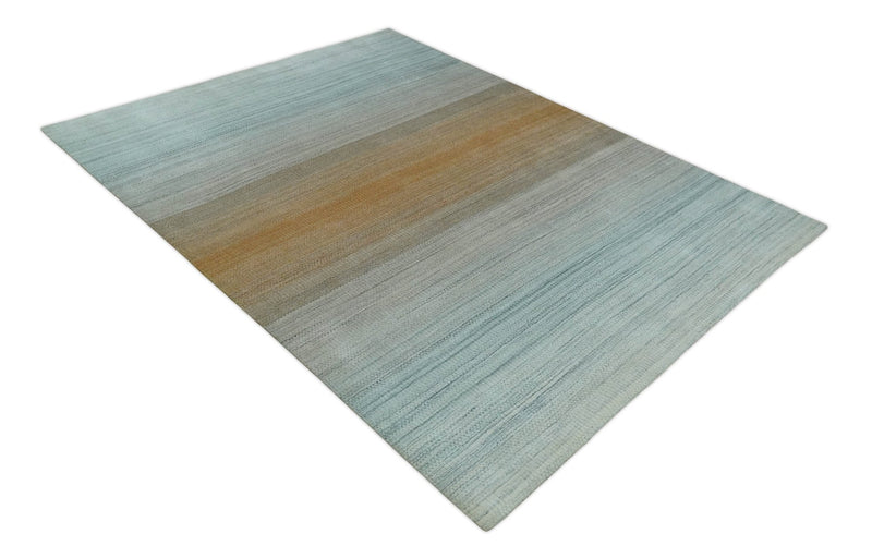 Modern Ombre 8x10 Hand Made Silver, Blue, Gold and Beige Scandinavian Blended Wool Flatwoven Area Rug | KE13 - The Rug Decor