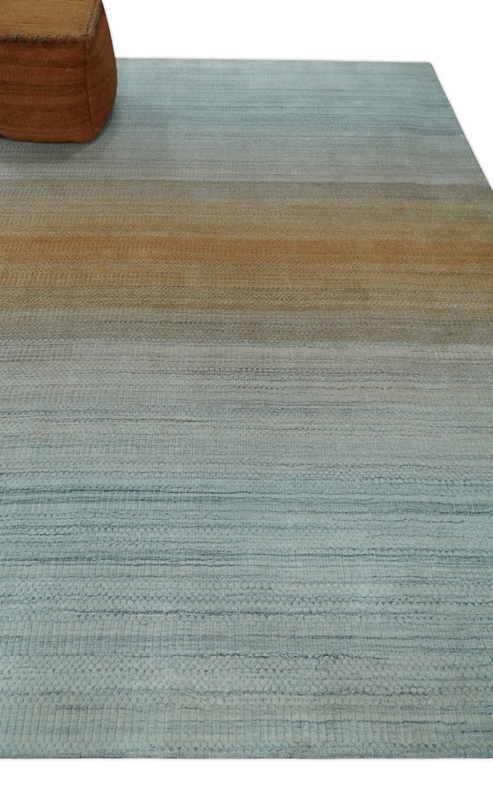 Modern Ombre 8x10 Hand Made Silver, Blue, Gold and Beige Scandinavian Blended Wool Flatwoven Area Rug | KE13 - The Rug Decor