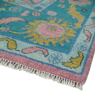 Modern Oushak 8x10, 9x12, 10x14 and 12x15 Hand Knotted Persian Pink and Sea Blue Colorful Wool Area Rug | TRDCP8671014 - The Rug Decor
