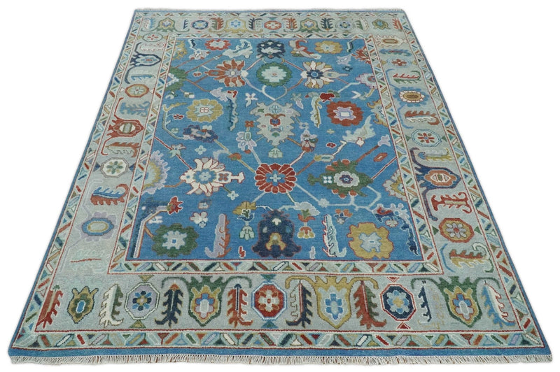 Modern Oushak 8x10 Hand Knotted Persian Blue, Rust and Ivory Colorful Wool Area Rug | TRDCP848810 - The Rug Decor