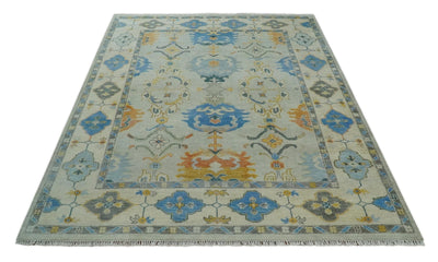 Modern Oushak 8x10 Hand Knotted Persian Ivory and Blue Colorful Wool Area Rug | TRDCP857810 - The Rug Decor