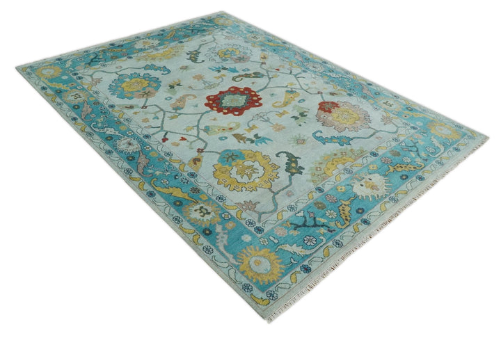 Modern Oushak 9x12 Hand Knotted Persian Blue, Red and Gold Colorful Wool Area Rug | TRDCP835912 - The Rug Decor