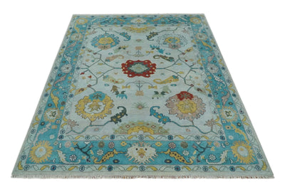 Modern Oushak 9x12 Hand Knotted Persian Blue, Red and Gold Colorful Wool Area Rug | TRDCP835912 - The Rug Decor