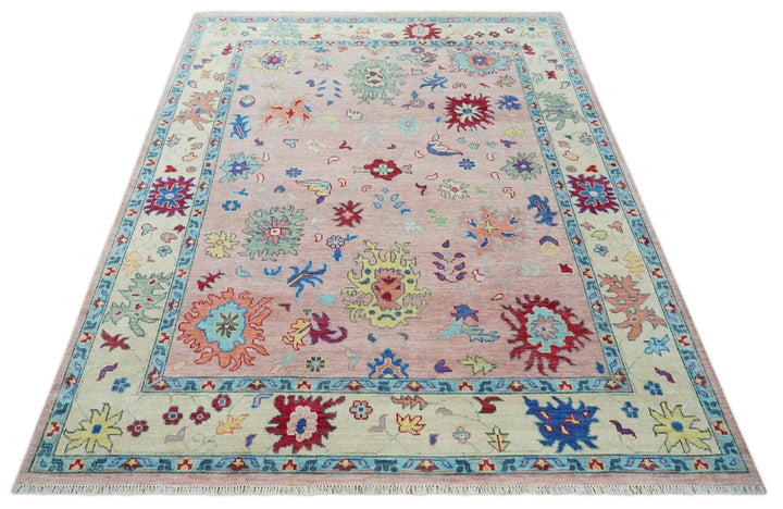 Modern Pink Rug 8x10 and 9x12 Wool Colorful Hand knotted Oushak Area Rug - The Rug Decor