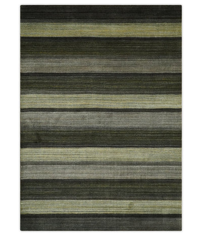 Modern Scandinavian Stripes 5x7 Antique Moss Green and Gray Wool Hand Woven Area Rug | HL20 - The Rug Decor