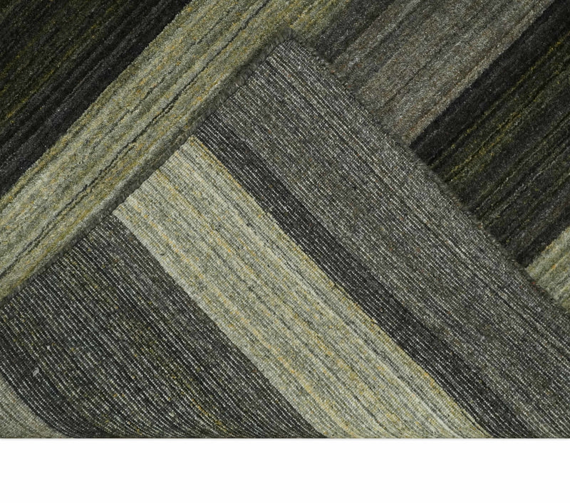 Modern Scandinavian Stripes 5x7 Antique Moss Green and Gray Wool Hand Woven Area Rug | HL20 - The Rug Decor