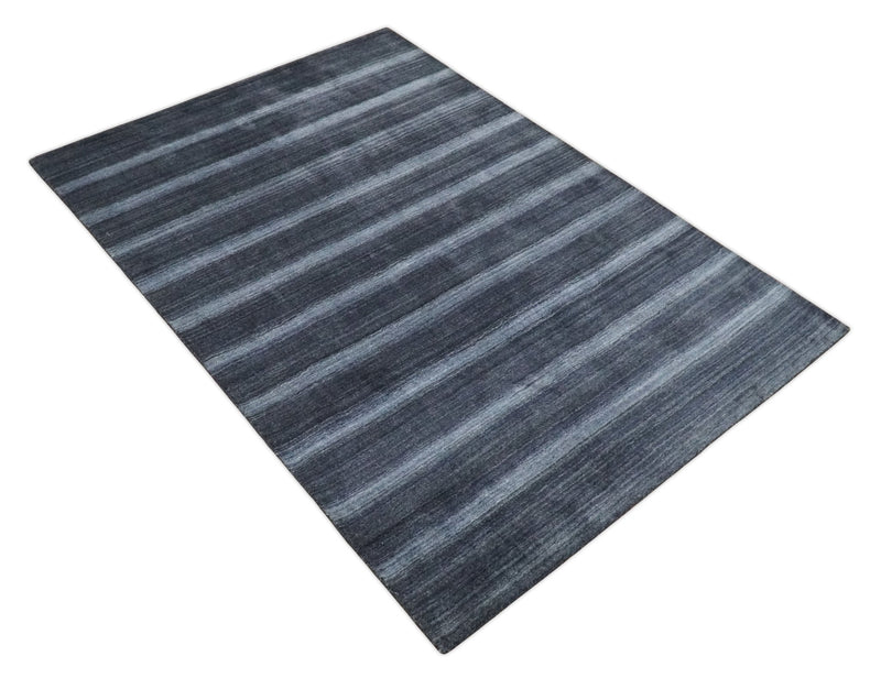 Modern Scandinavian Stripes 5x7 Blue and Silver Wool Hand Woven Area Rug | HL26 - The Rug Decor