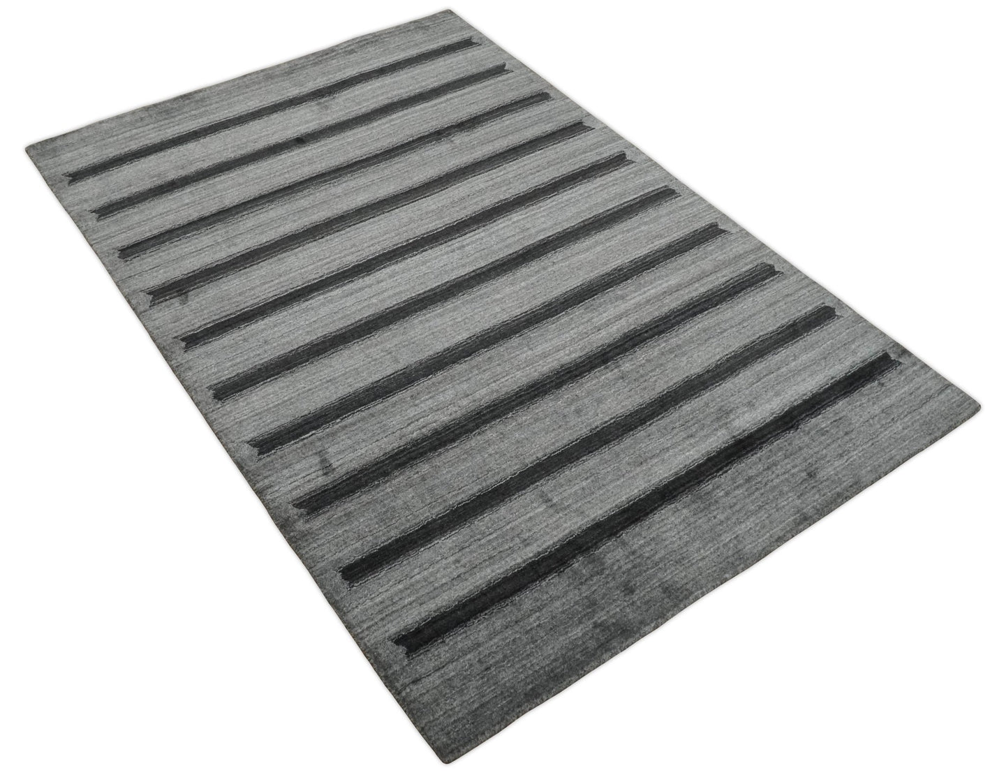 Modern Scandinavian Stripes Style 5x7 Silver and Gray Wool Hand Woven Area Rug | HL11 - The Rug Decor