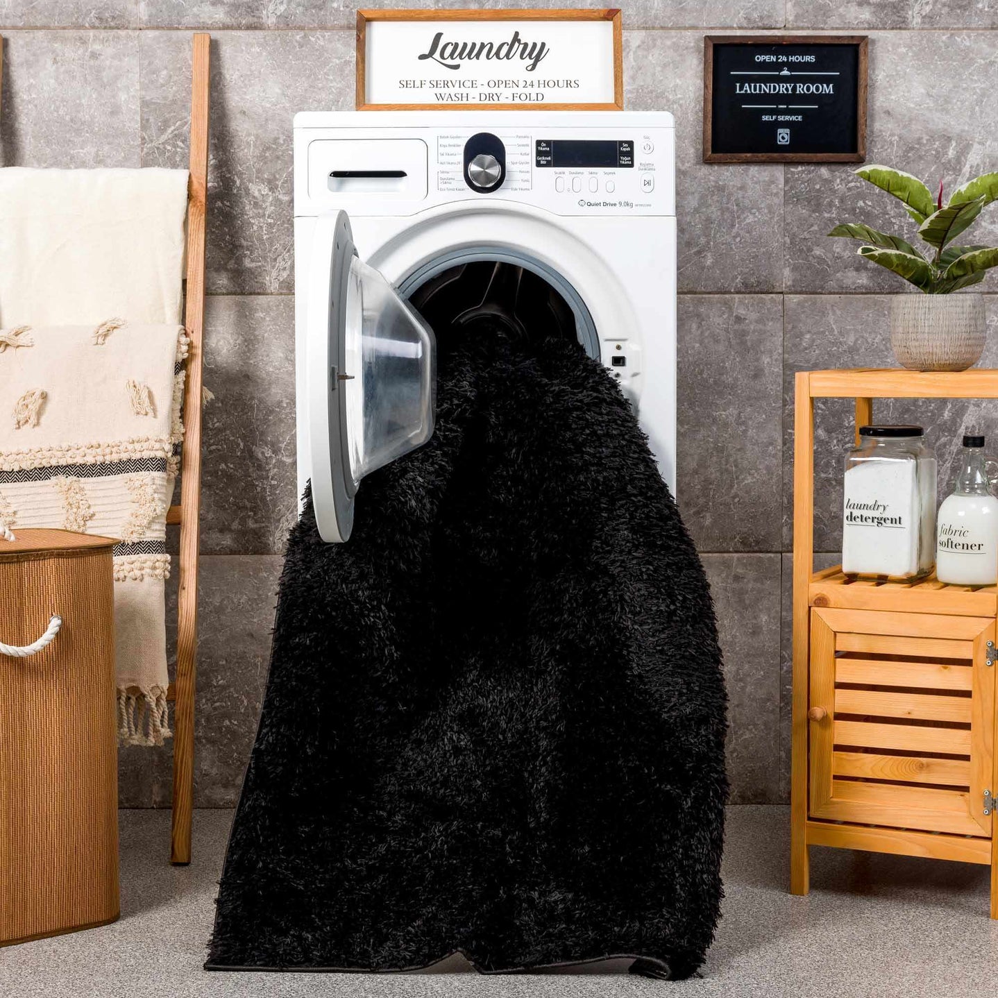 Modern Solid Black Plush Pile Moroccan Style Washable Area Rug - The Rug Decor