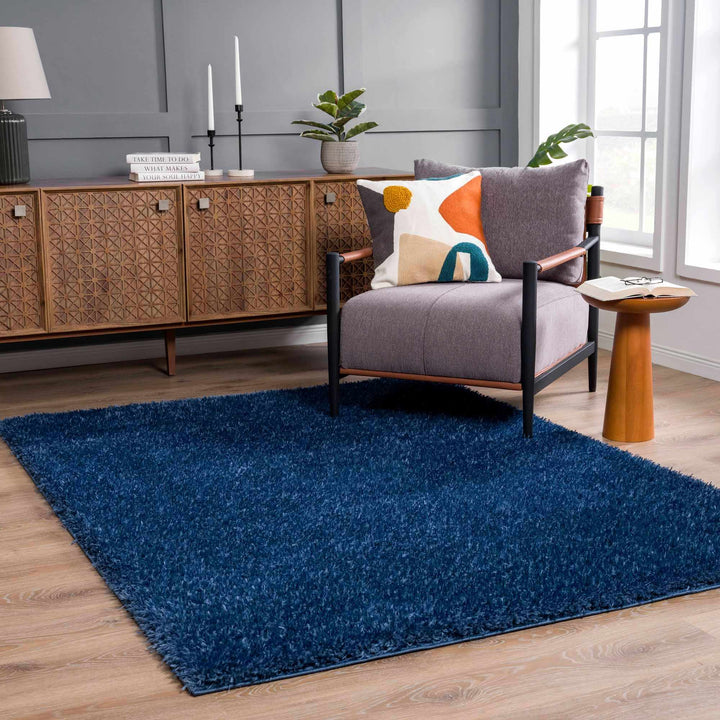Modern Solid Blue Plush Pile Moroccan Style Washable Area Rug - The Rug Decor