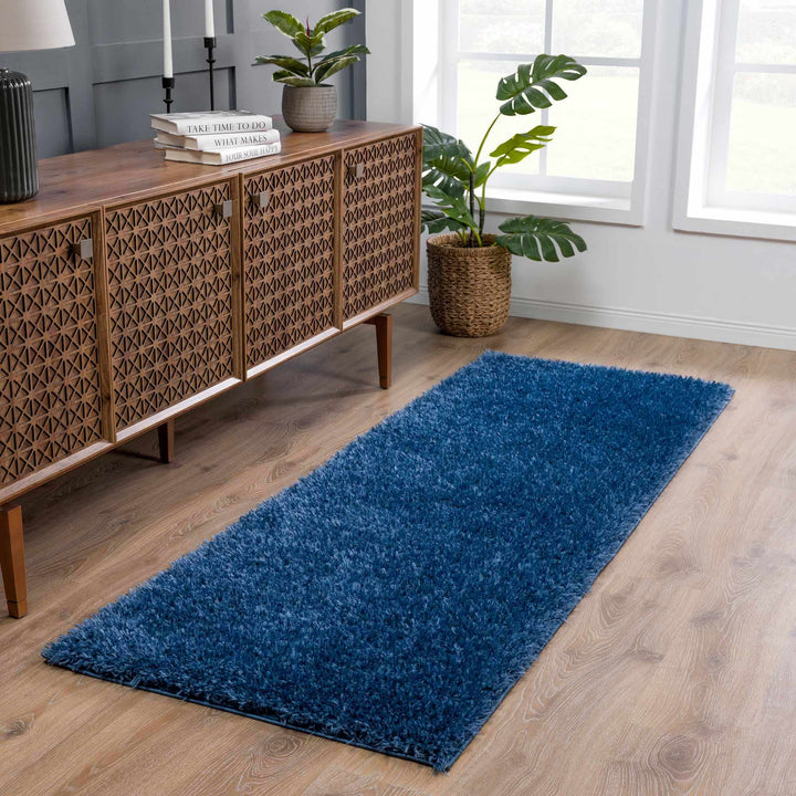 Modern Solid Blue Plush Pile Moroccan Style Washable Area Rug - The Rug Decor
