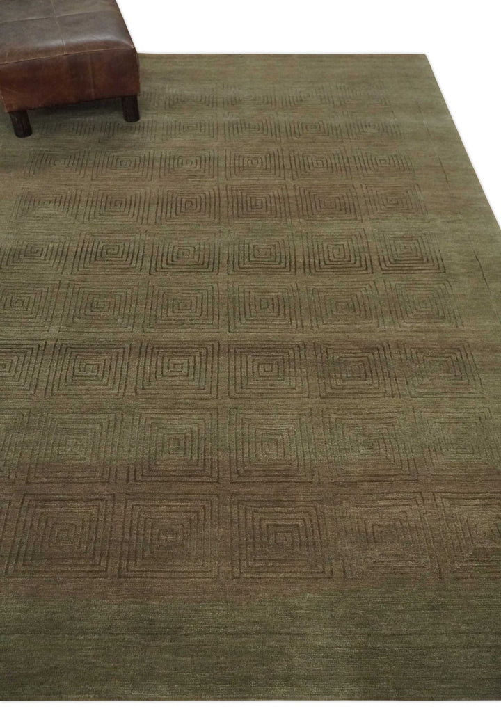 Modern Solid Olive Geometrical Pattern Contemporary Handloom 5x7 wool and Art silk Area Rug - The Rug Decor
