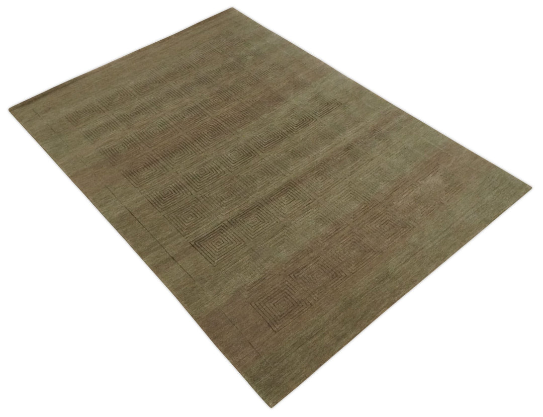 Modern Solid Olive Geometrical Pattern Contemporary Handloom 5x7 wool and Art silk Area Rug - The Rug Decor