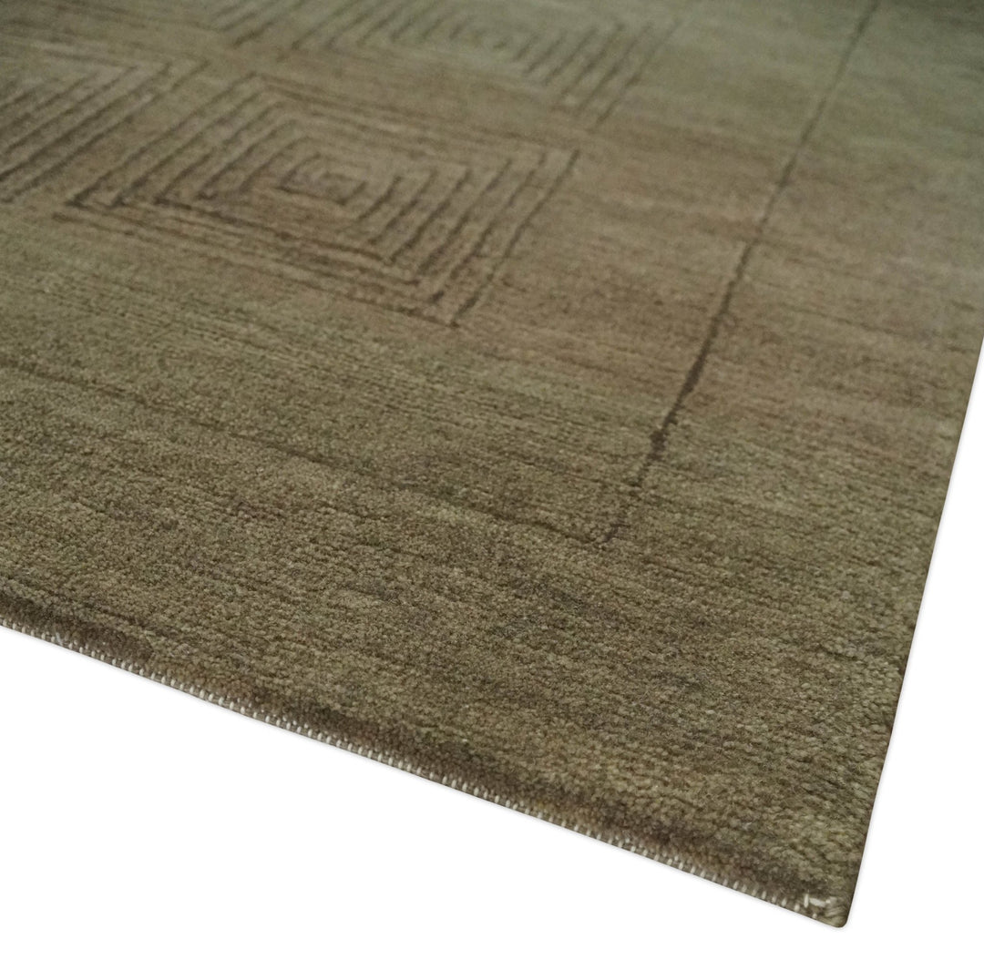 Modern Solid Olive Geometrical Pattern Contemporary Handloom 5x7 wool and Art silk Area Rug - The Rug Decor