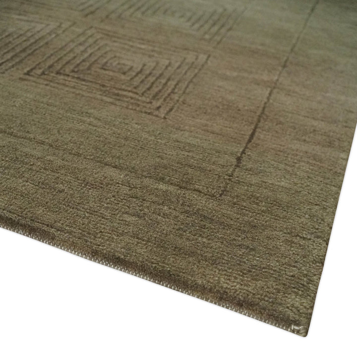 Modern Solid Olive Geometrical Pattern Contemporary Handloom 5x7 wool and Art silk Area Rug - The Rug Decor