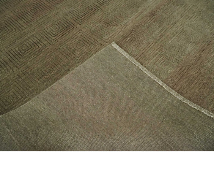 Modern Solid Olive Geometrical Pattern Contemporary Handloom 5x7 wool and Art silk Area Rug - The Rug Decor