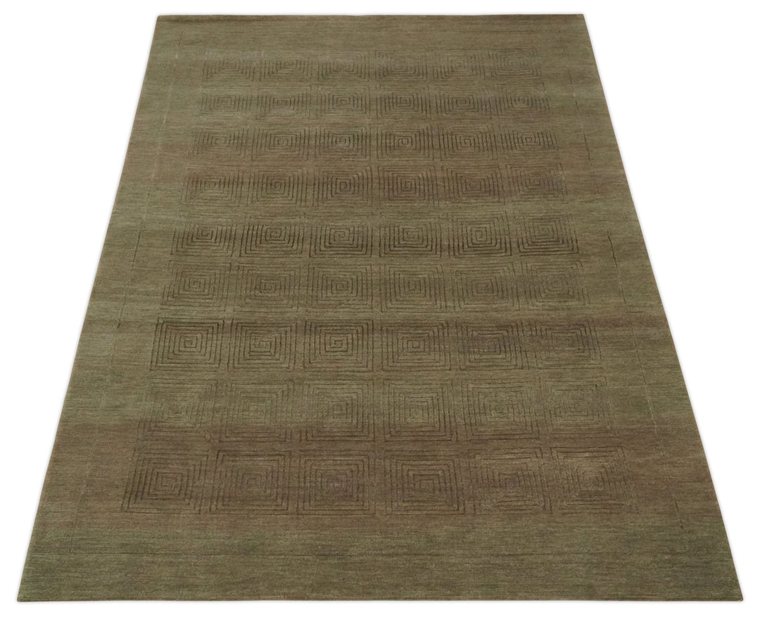 Modern Solid Olive Geometrical Pattern Contemporary Handloom 5x7 wool and Art silk Area Rug - The Rug Decor