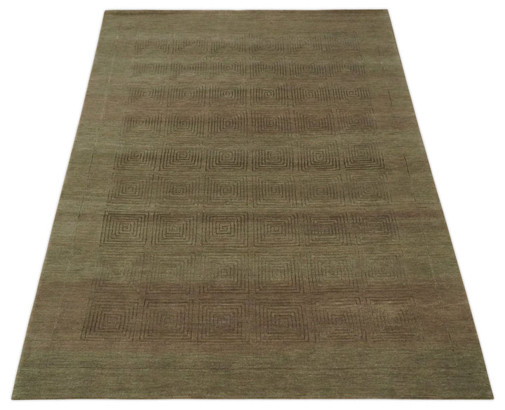 Modern Solid Olive Geometrical Pattern Contemporary Handloom 5x7 wool and Art silk Area Rug - The Rug Decor
