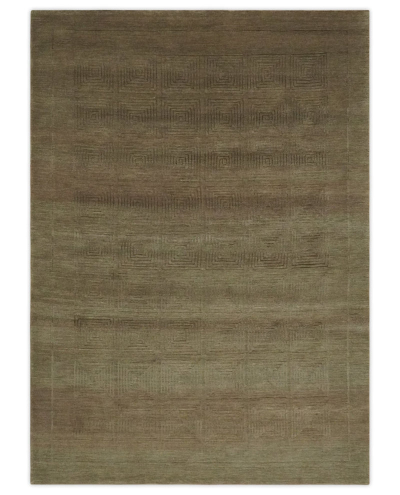 Modern Solid Olive Geometrical Pattern Contemporary Handloom 5x7 wool and Art silk Area Rug - The Rug Decor