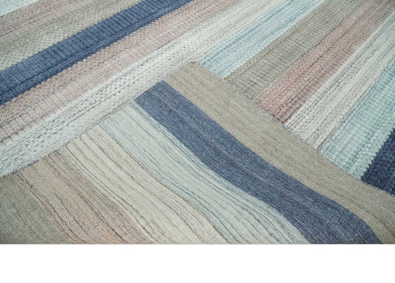 Modern Stripes 8x10 Hand Made Blue, Peach, Ivory and Brown Scandinavian Blended Wool Flatwoven Area Rug | KE32 - The Rug Decor