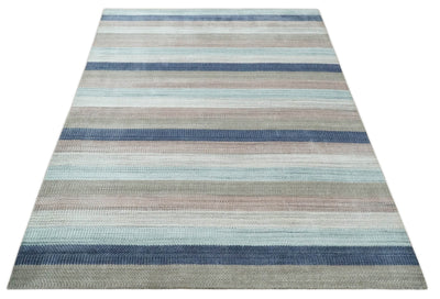 Modern Stripes 8x10 Hand Made Blue, Peach, Ivory and Brown Scandinavian Blended Wool Flatwoven Area Rug | KE32 - The Rug Decor