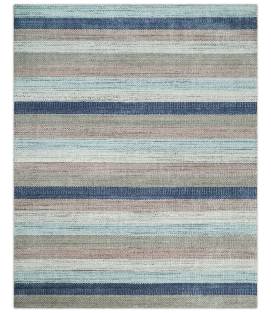 Modern Stripes 8x10 Hand Made Blue, Peach, Ivory and Brown Scandinavian Blended Wool Flatwoven Area Rug | KE32 - The Rug Decor