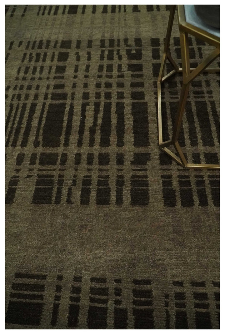 Modern Stripes Design Charcoal and Greenish Brown 6x8 Hand knotted wool area Rug - The Rug Decor