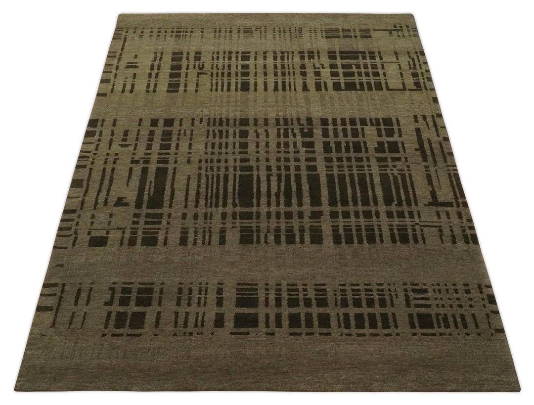 Modern Stripes Design Charcoal and Greenish Brown 6x8 Hand knotted wool area Rug - The Rug Decor
