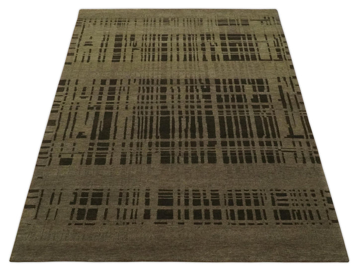 Modern Stripes Design Charcoal and Greenish Brown 6x8 Hand knotted wool area Rug - The Rug Decor
