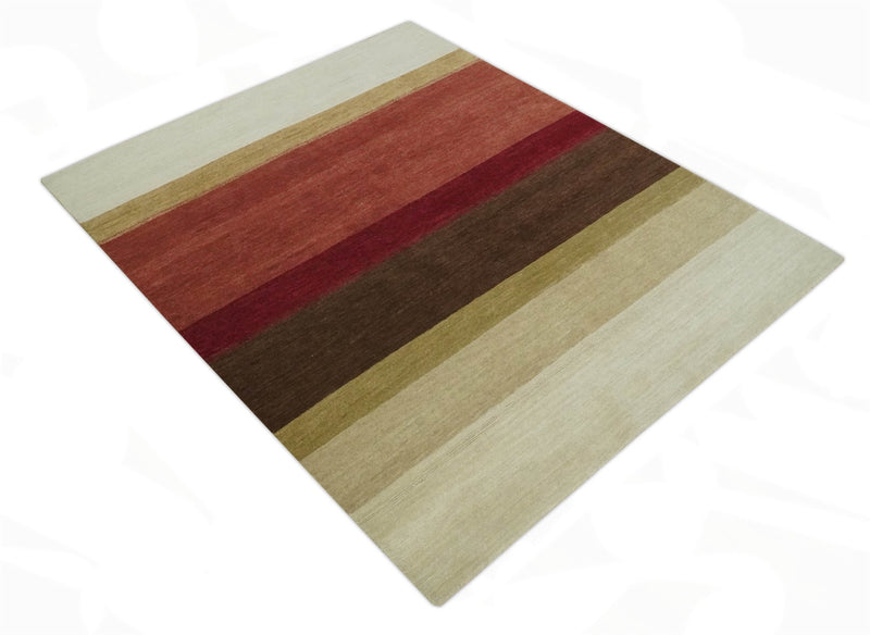 Modern Stripes Ivory, Rust, Maroon and Brown Hand loom 5.6x6.6 Wool Area Rug - The Rug Decor