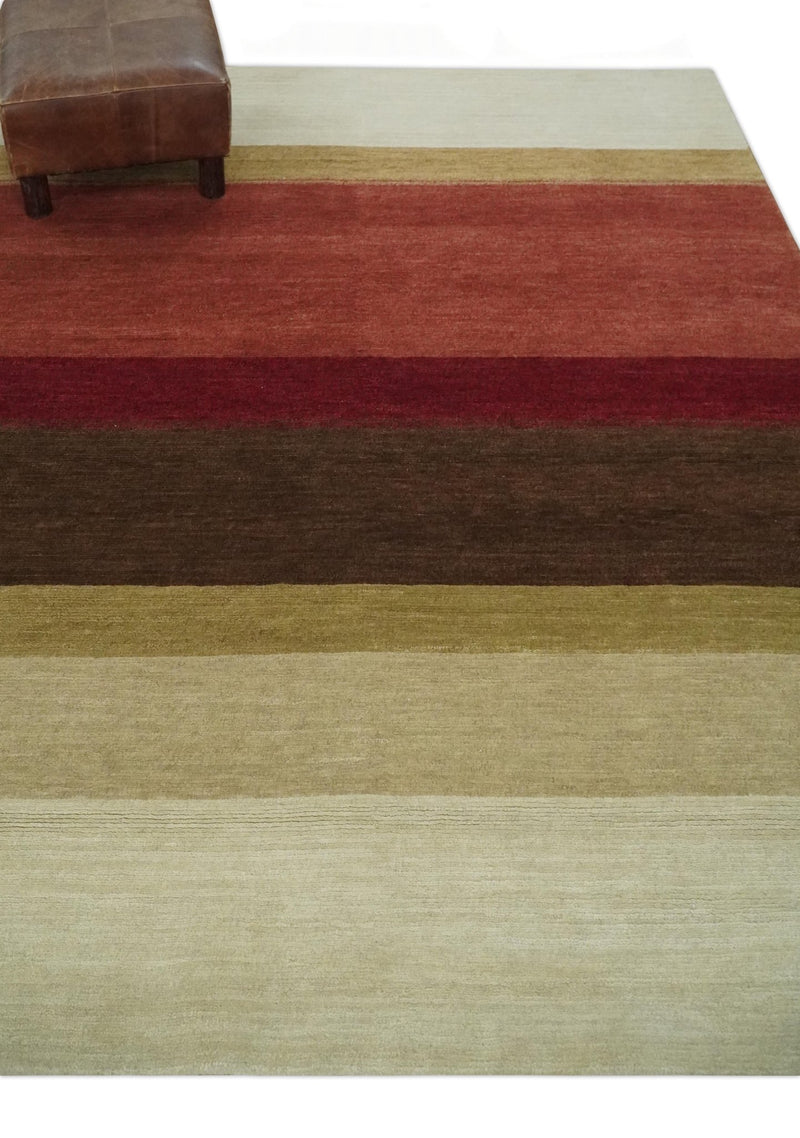 Modern Stripes Ivory, Rust, Maroon and Brown Hand loom 5.6x6.6 Wool Area Rug - The Rug Decor