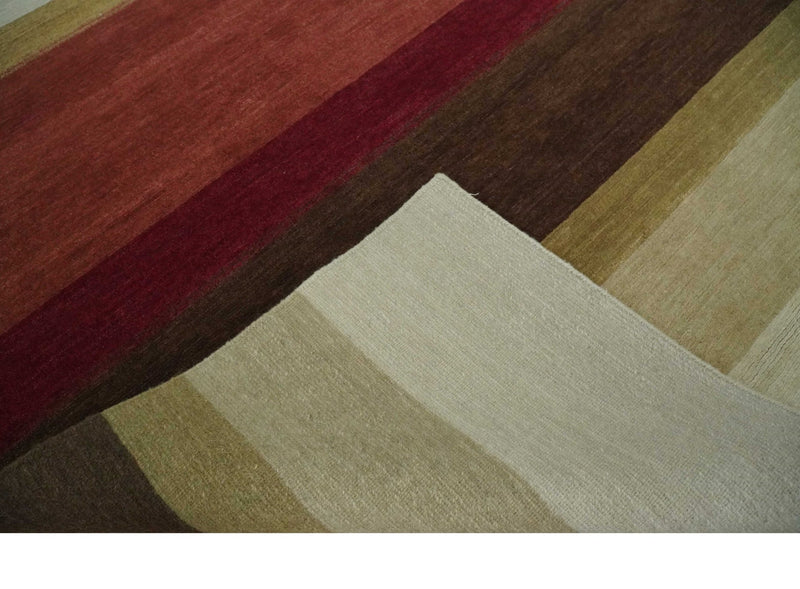 Modern Stripes Ivory, Rust, Maroon and Brown Hand loom 5.6x6.6 Wool Area Rug - The Rug Decor