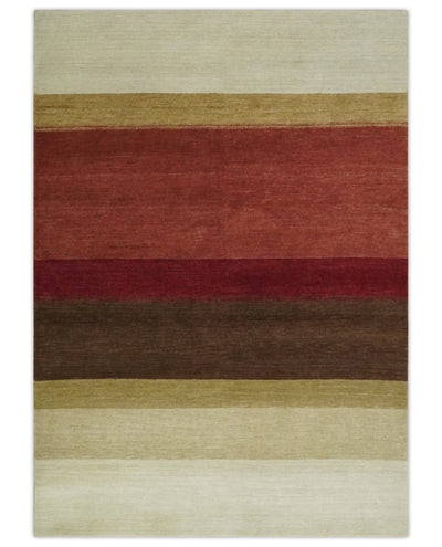 Modern Stripes Ivory, Rust, Maroon and Brown Hand loom 5.6x6.6 Wool Area Rug - The Rug Decor