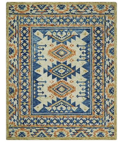 Modern Tribal Southwestern Hand Tufted Blue, Moss and Beige Antique Persian Wool Area Rug | TRDMA2 - The Rug Decor