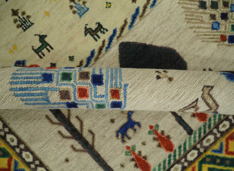 Moral Art Beige and Blue Hand Spun Wool Hand Woven Southwestern Gabbeh Rug | KNT44 - The Rug Decor